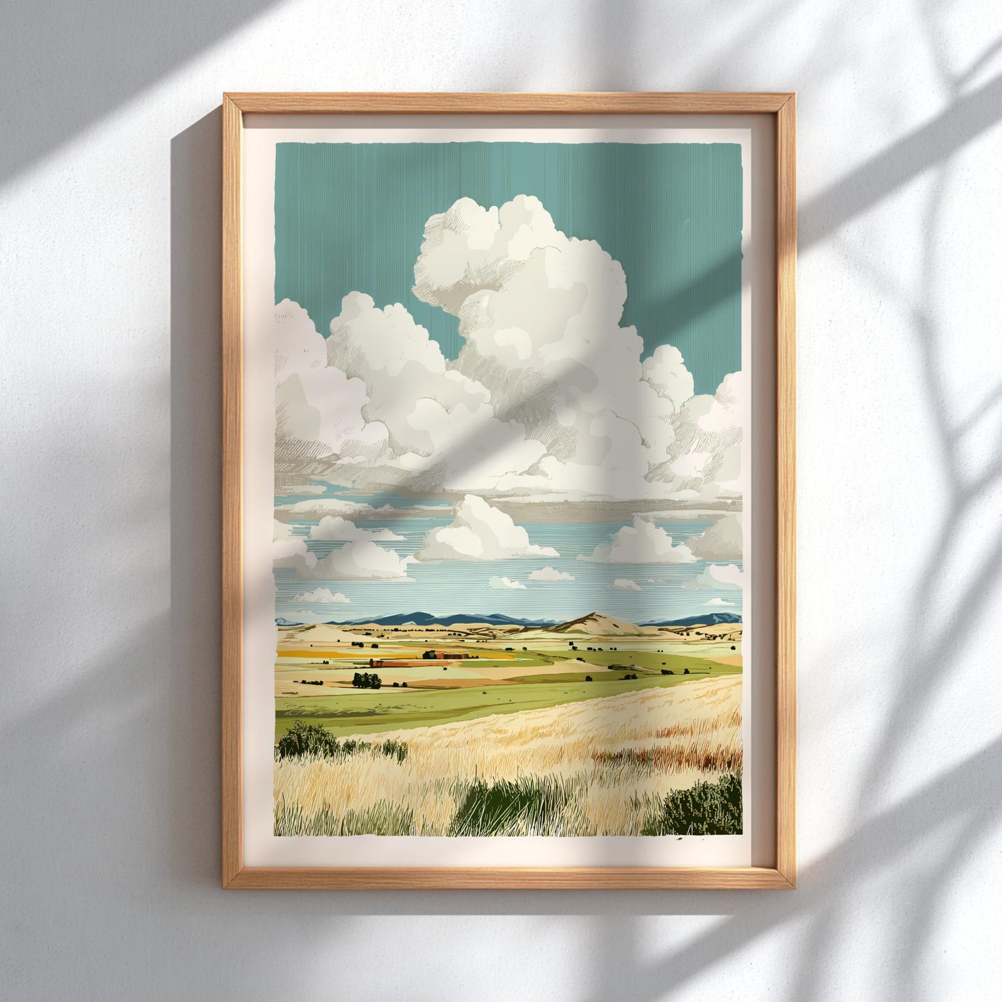 Framed artwork of a landscape with fields and clouds on a white wall.