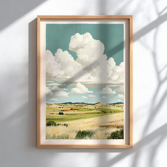 Framed artwork of a landscape with fields and clouds on a white wall.