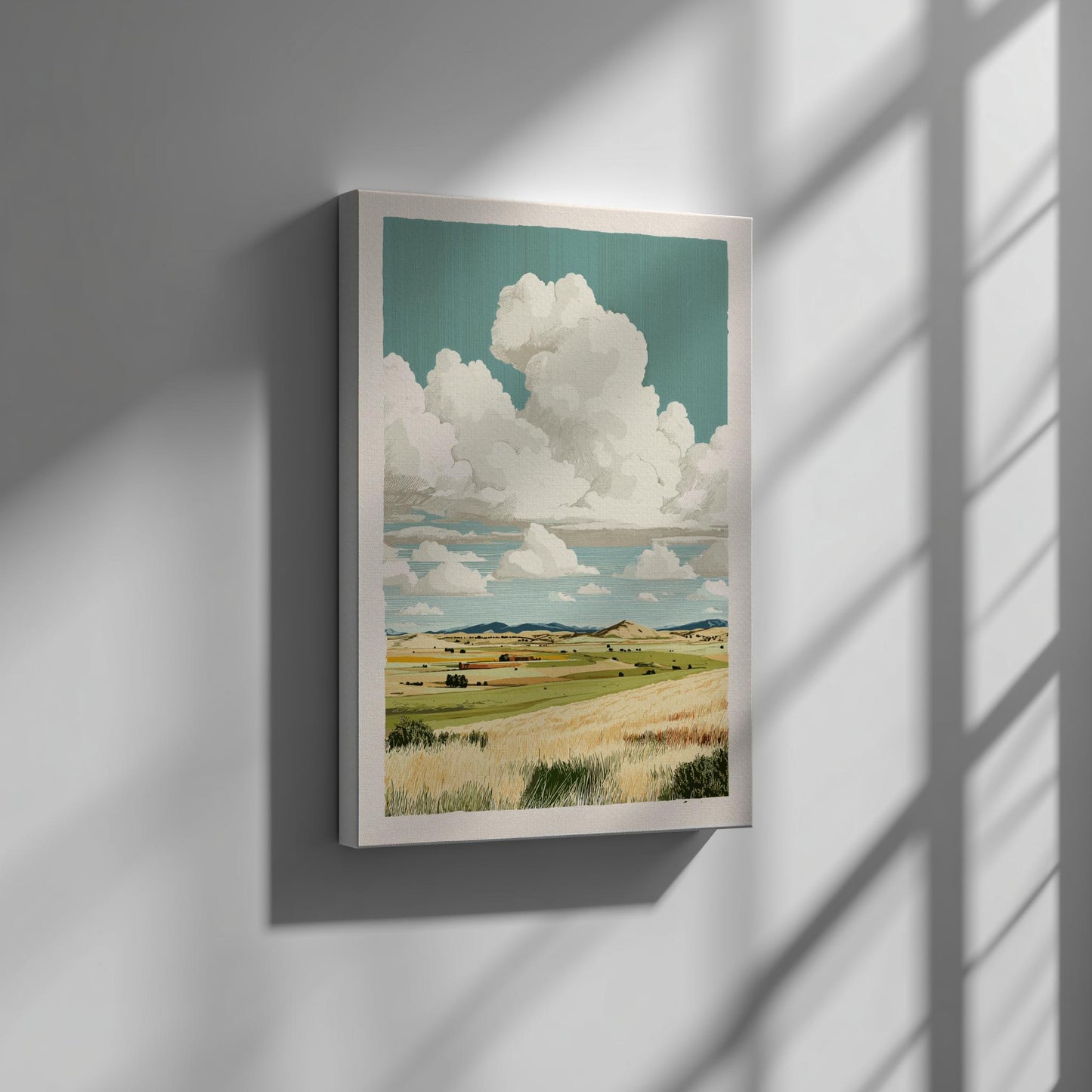Framed artwork of a landscape with clouds on a wall with sunlight casting shadows.