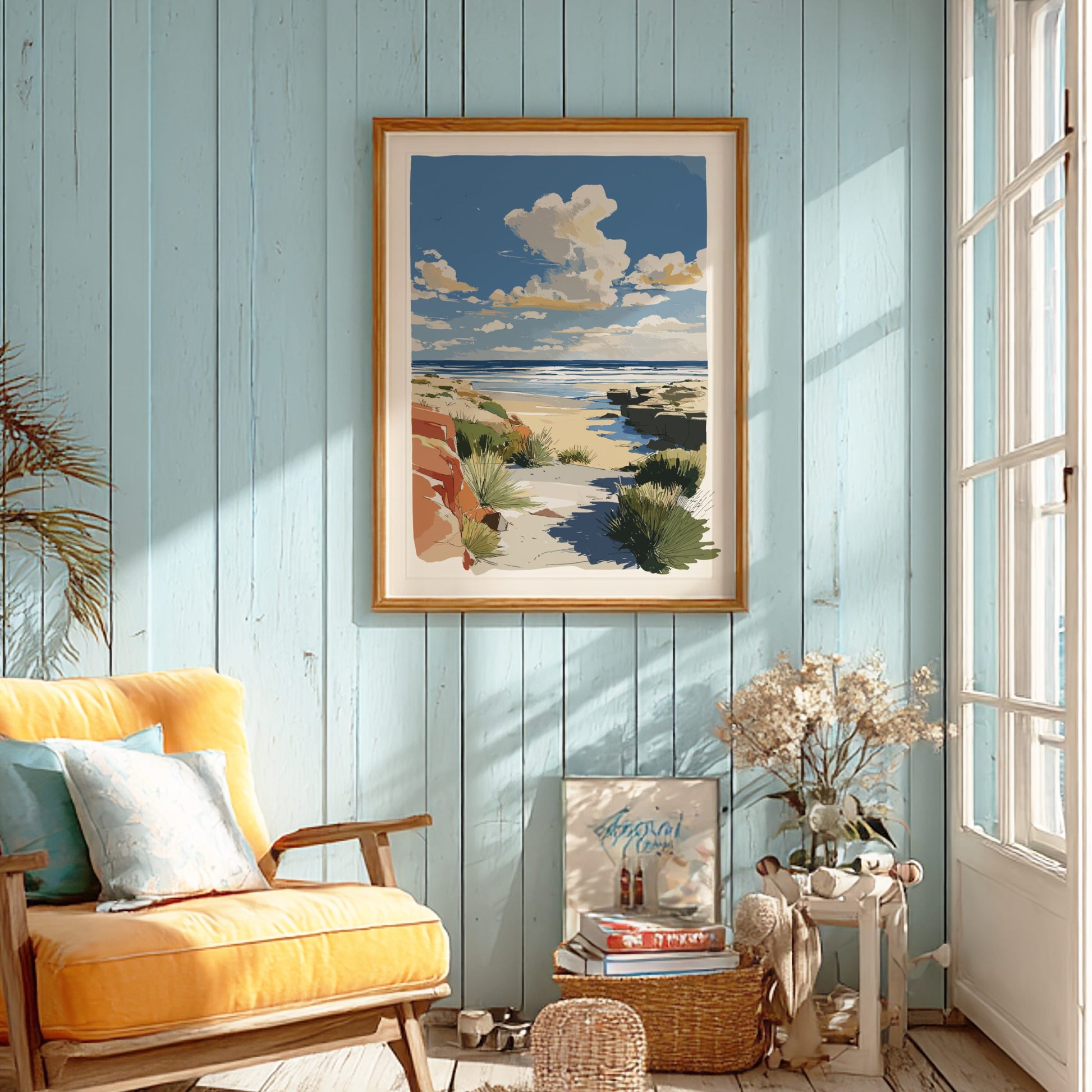 Living room with a yellow armchair, beach-themed artwork on the wall, and decorative items.