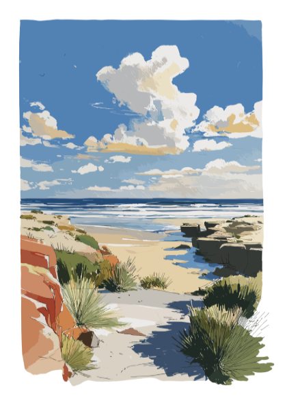 Illustration of a beach scene with a blue sky, clouds, and ocean.
