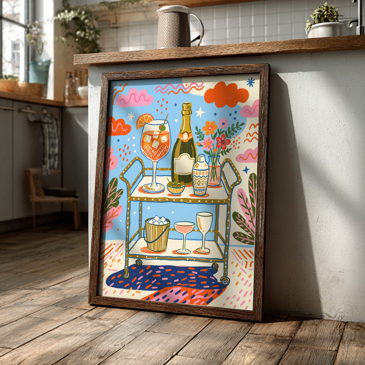 Poster featuring a bar cart with an orange spritz, bubbly, and olives in vibrant colours.