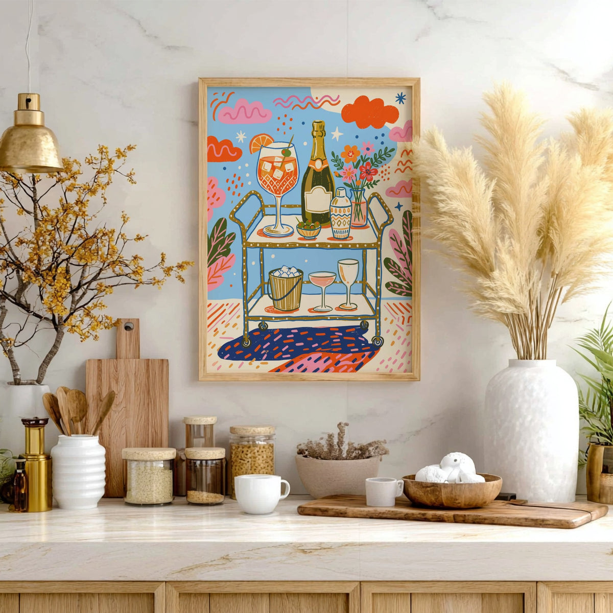 Poster featuring a bar cart with an orange spritz, bubbly, and olives in vibrant colours.