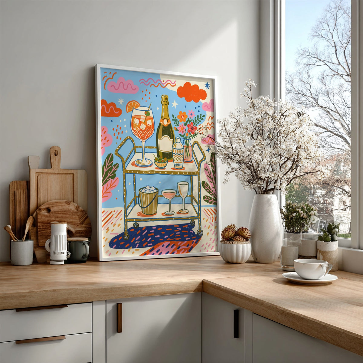 Poster featuring a bar cart with an orange spritz, bubbly, and olives in vibrant colours.