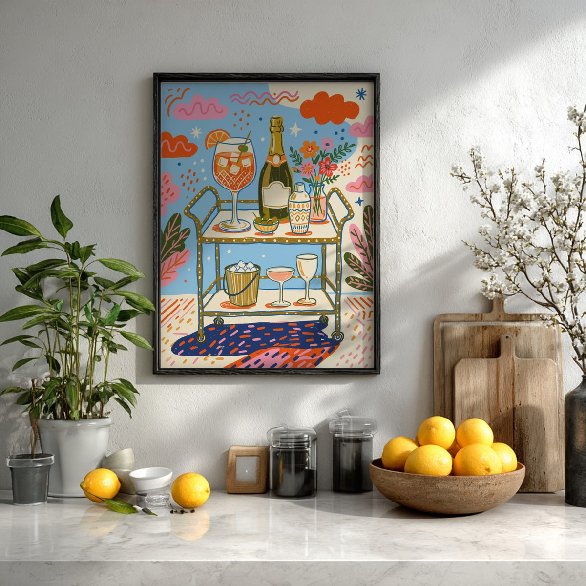 Poster featuring a bar cart with an orange spritz, bubbly, and olives in vibrant colours.