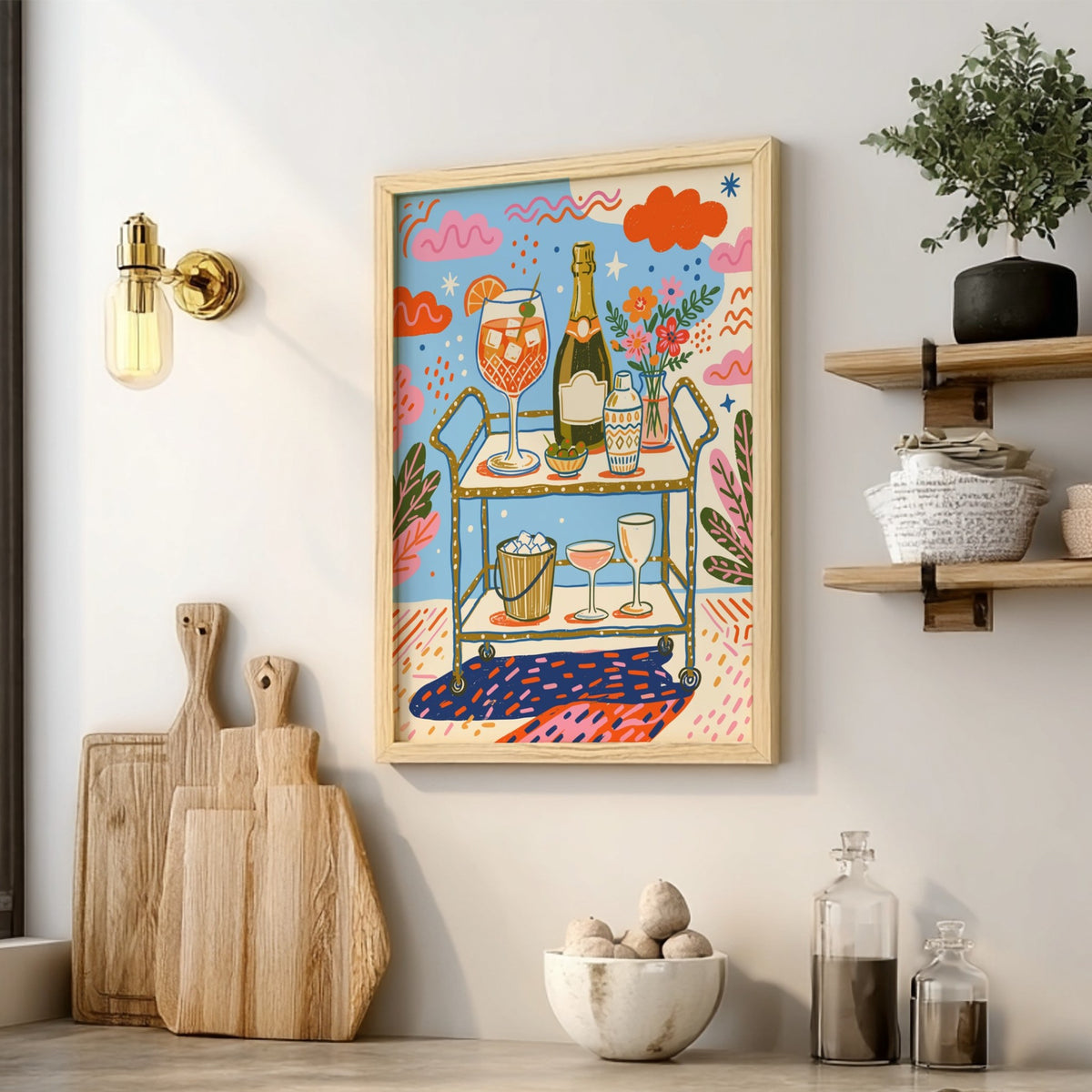 Poster featuring a bar cart with an orange spritz, bubbly, and olives in vibrant colours.