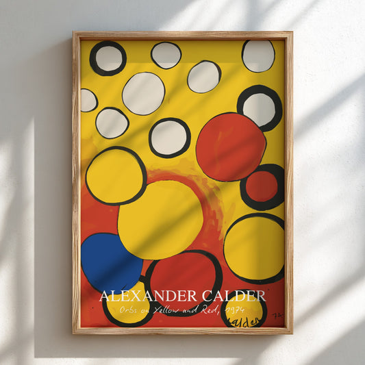 Poster of Alexander Calder's 'Orbs on Yellow and Red' featuring abstract circles in yellow, red, and blue on