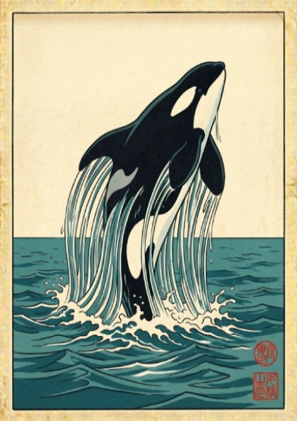 Japanese art style poster featuring an orca breaching waves in vibrant colors