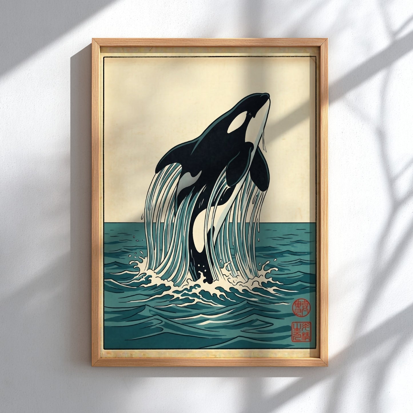 Japanese art style poster featuring an orca breaching waves in vibrant colors