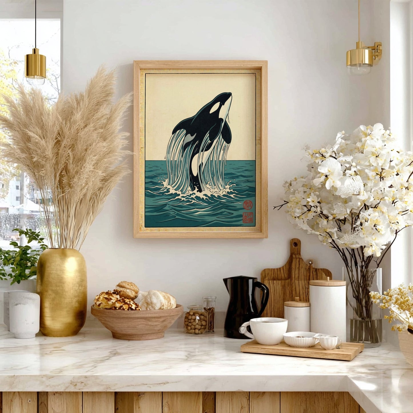 Japanese art style poster featuring an orca breaching waves in vibrant colors