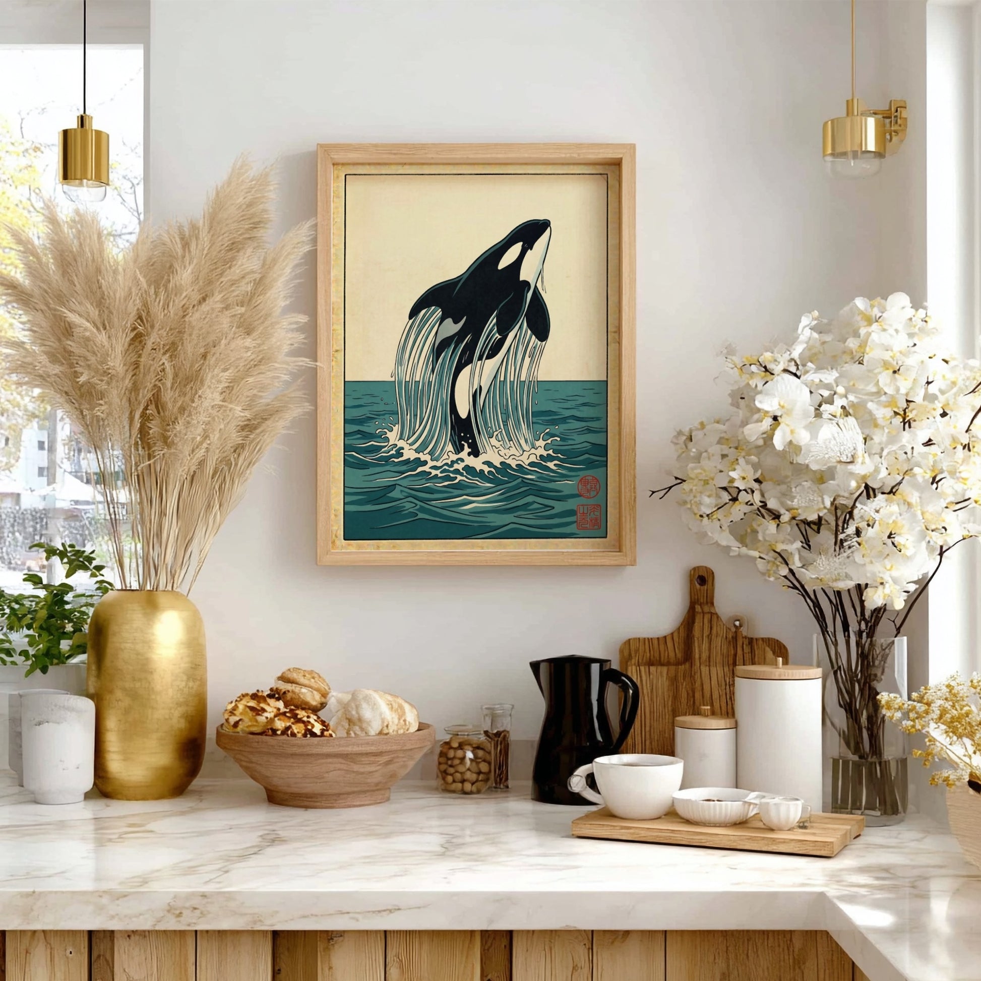 Japanese art style poster featuring an orca breaching waves in vibrant colors