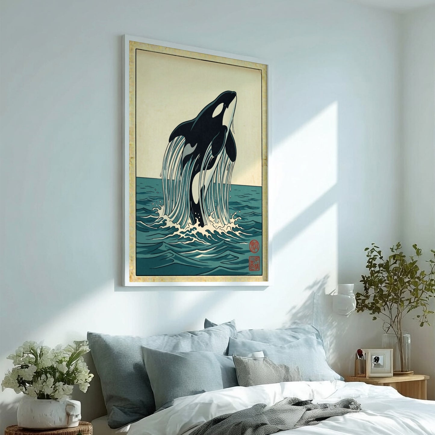 Japanese art style poster featuring an orca breaching waves in vibrant colors