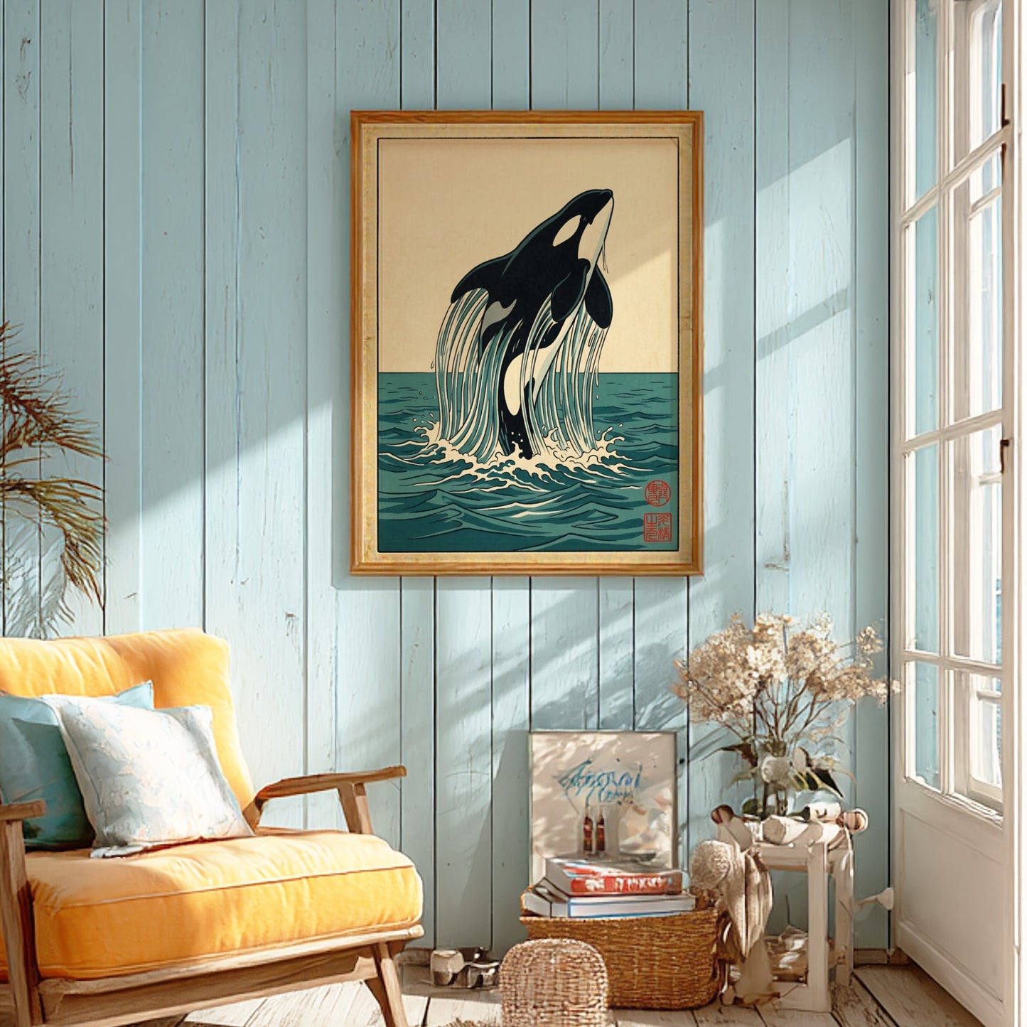 Japanese art style poster featuring an orca breaching waves in vibrant colors