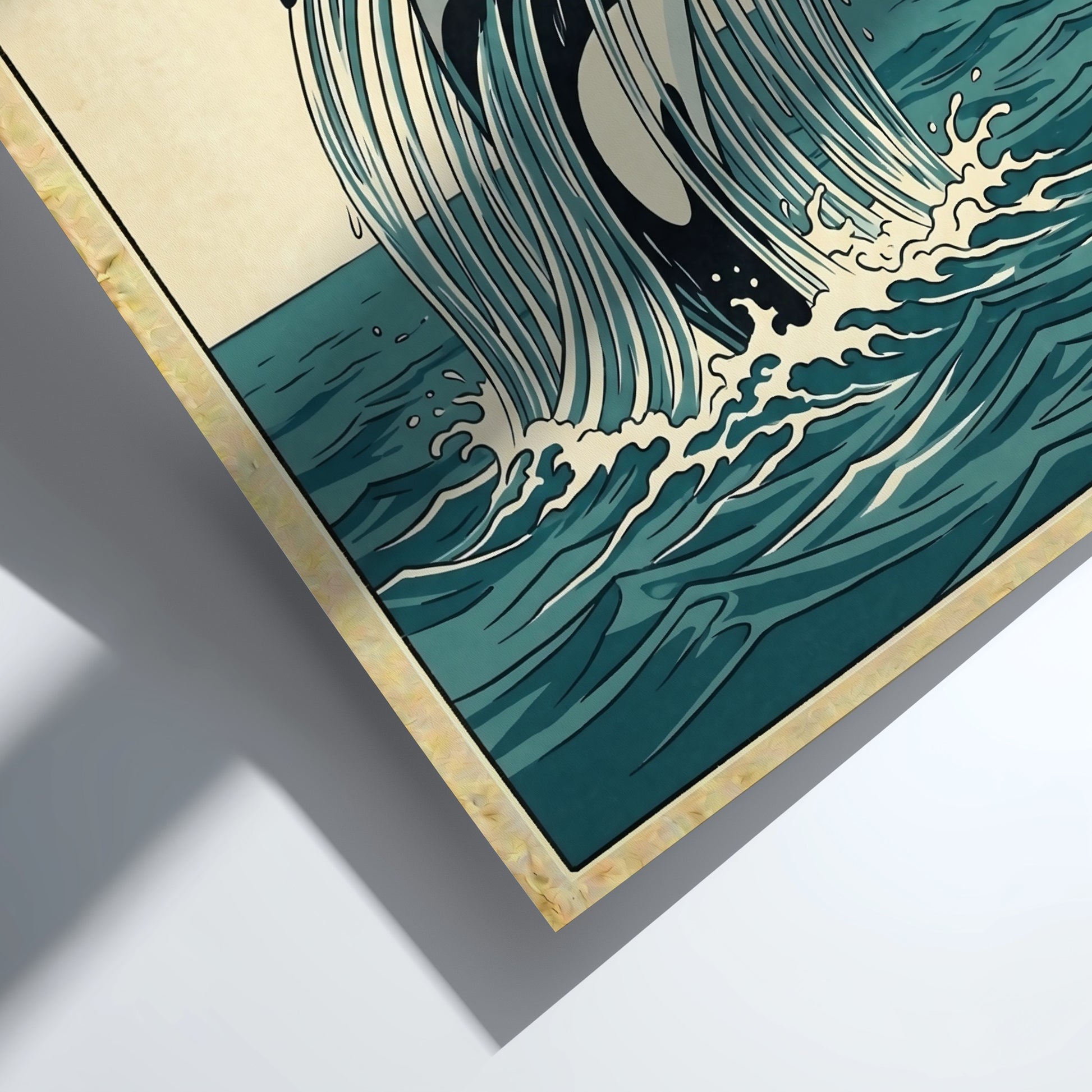 Japanese art style poster featuring an orca breaching waves in vibrant colors