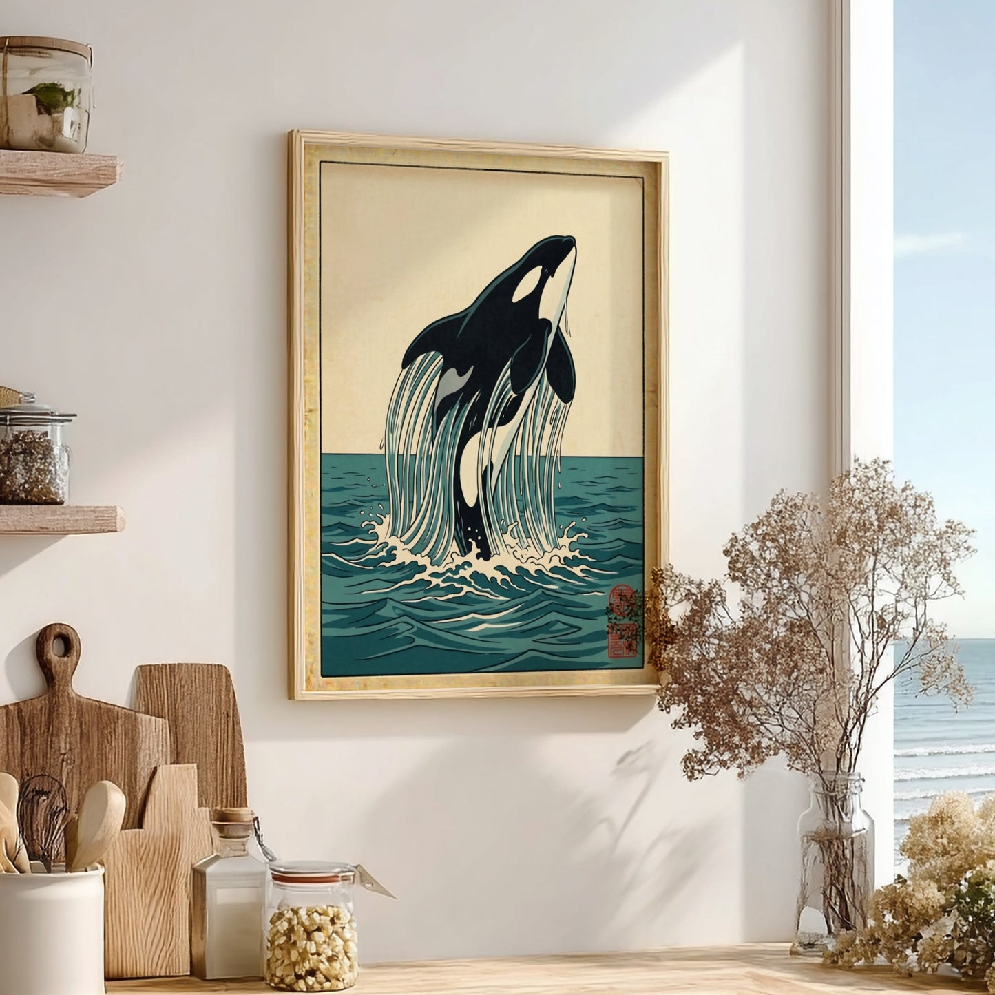 Japanese art style poster featuring an orca breaching waves in vibrant colors