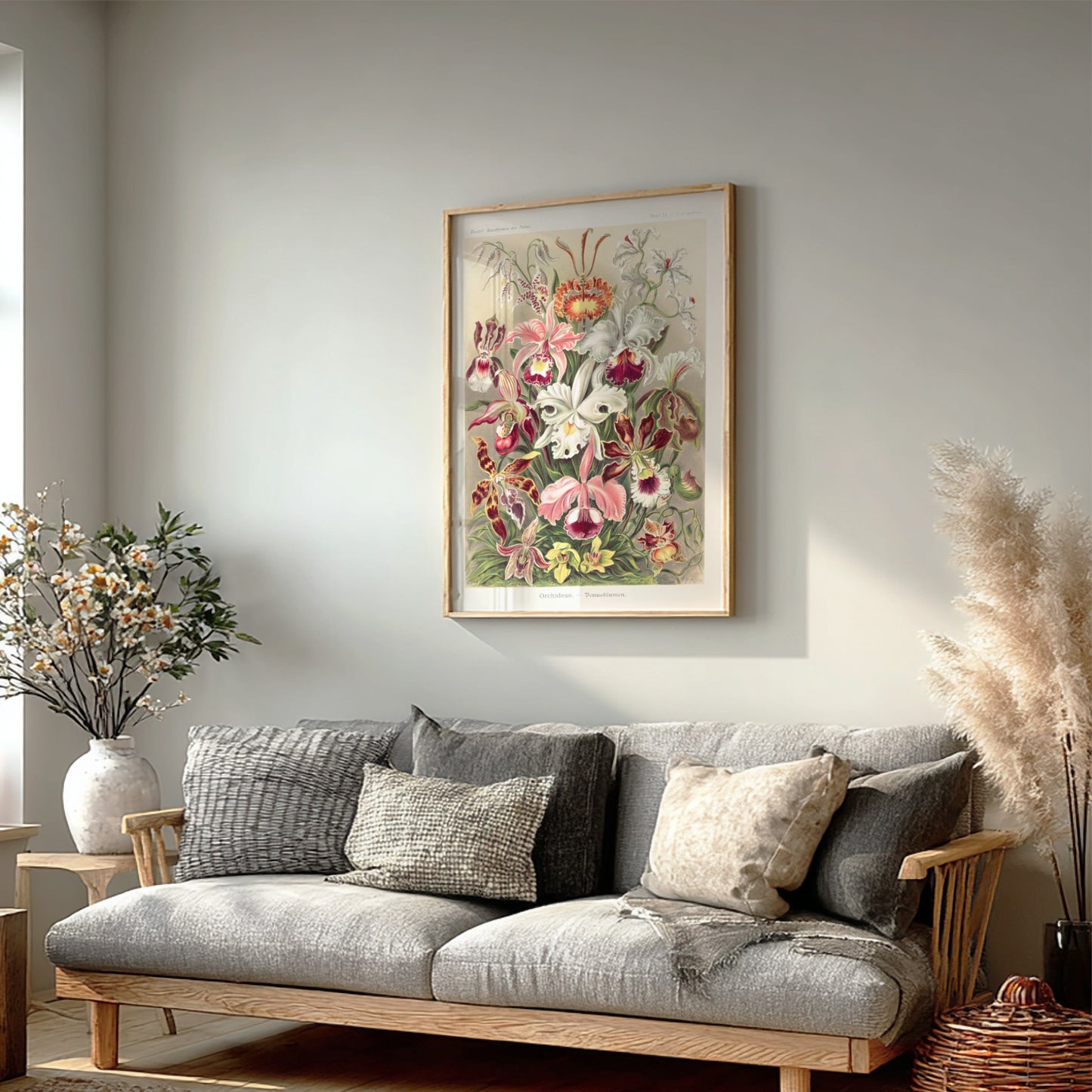 Orchideae - Denusblumen art poster featuring a detailed vintage illustration of various orchid flowers in