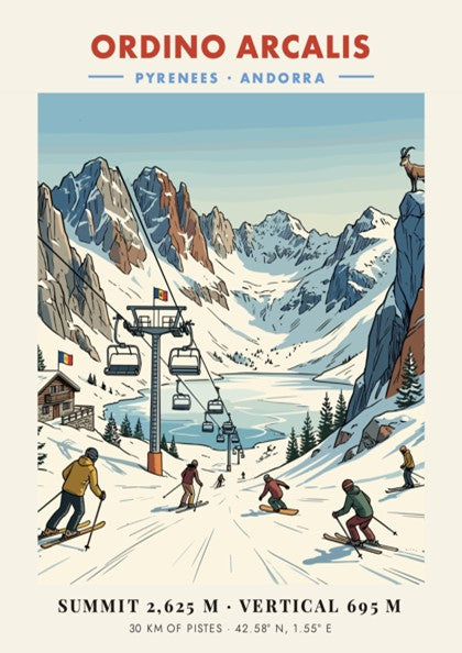Travel poster of Ordino Arcalis in the Pyrenees featuring blue mountains and skiers.