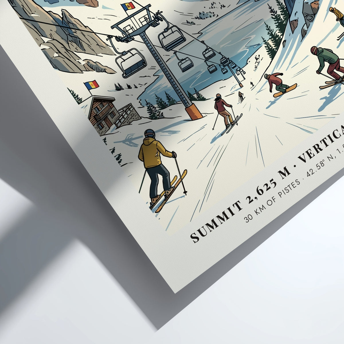 Travel poster of Ordino Arcalis in the Pyrenees featuring blue mountains and skiers.