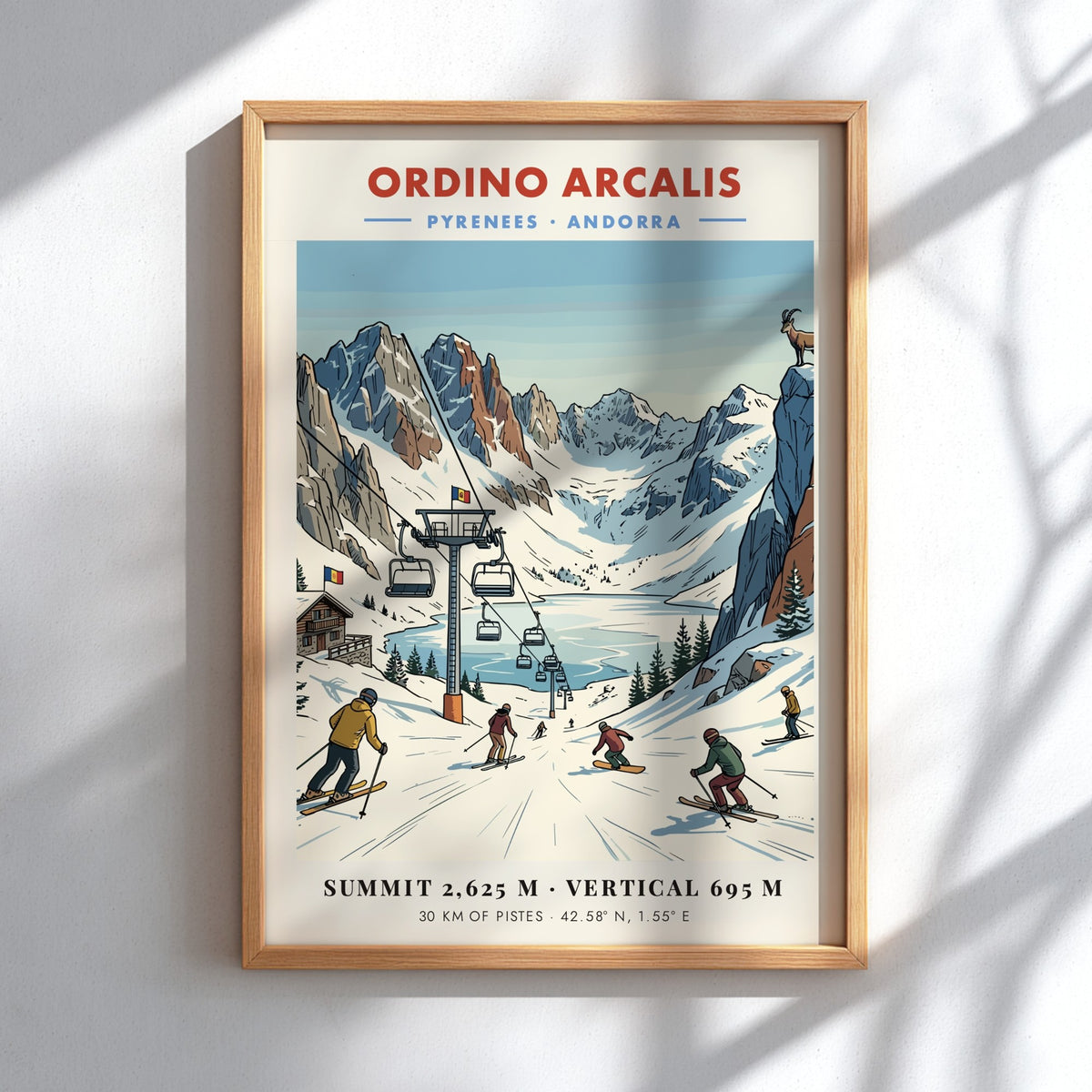 Travel poster of Ordino Arcalis in the Pyrenees featuring blue mountains and skiers.