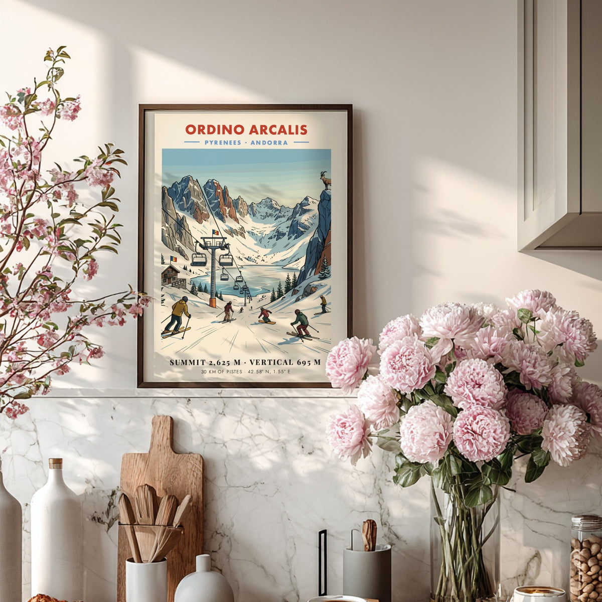 Travel poster of Ordino Arcalis in the Pyrenees featuring blue mountains and skiers.