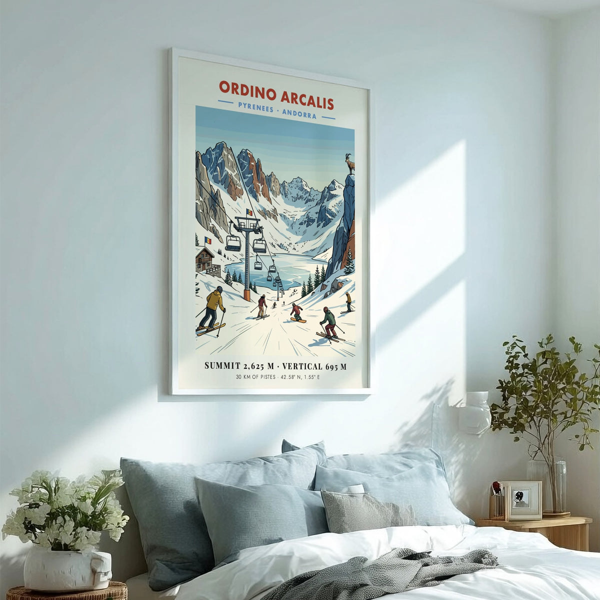 Travel poster of Ordino Arcalis in the Pyrenees featuring blue mountains and skiers.