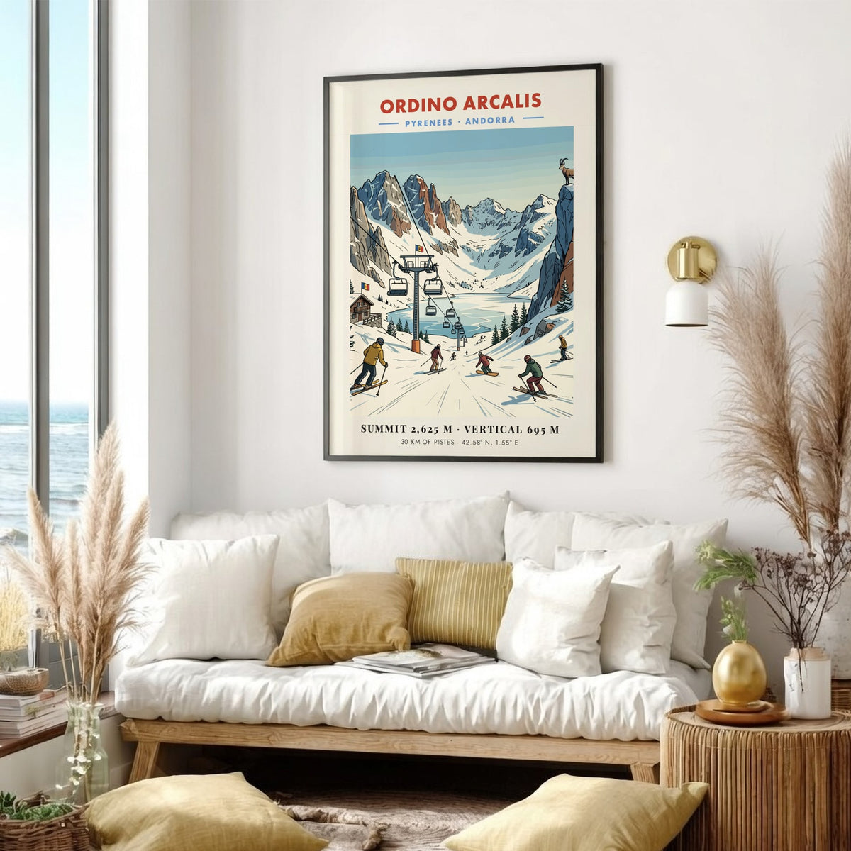 Travel poster of Ordino Arcalis in the Pyrenees featuring blue mountains and skiers.