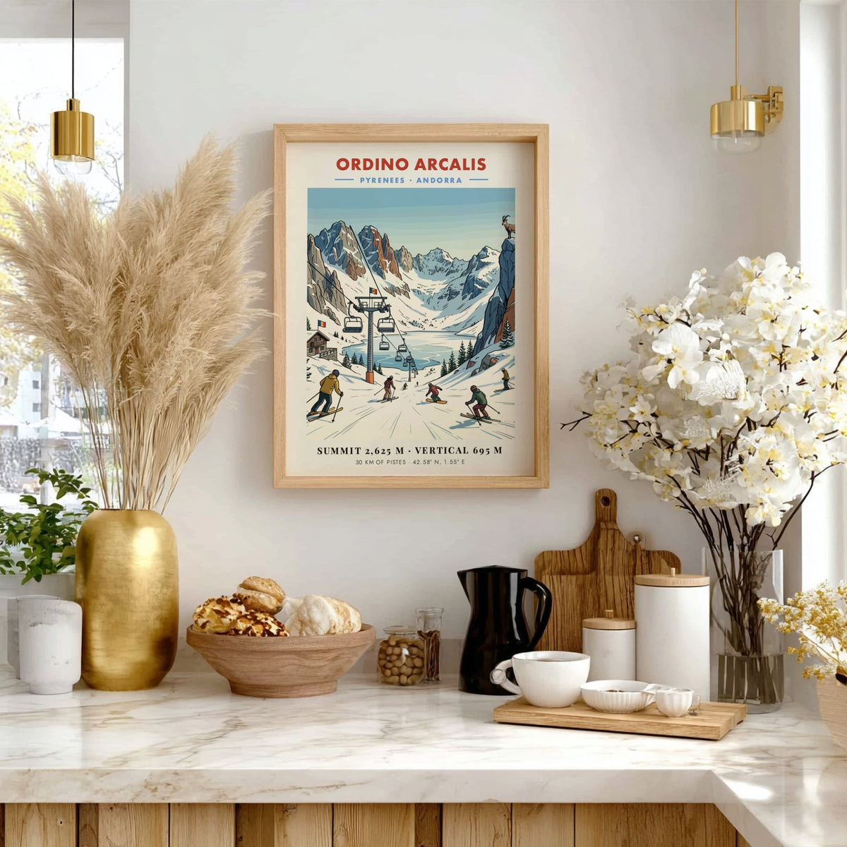 Travel poster of Ordino Arcalis in the Pyrenees featuring blue mountains and skiers.