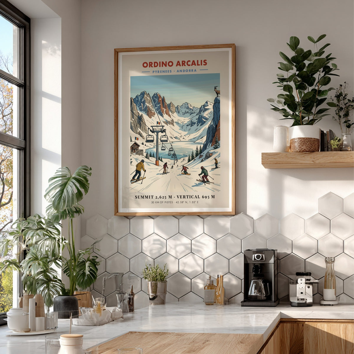 Travel poster of Ordino Arcalis in the Pyrenees featuring blue mountains and skiers.