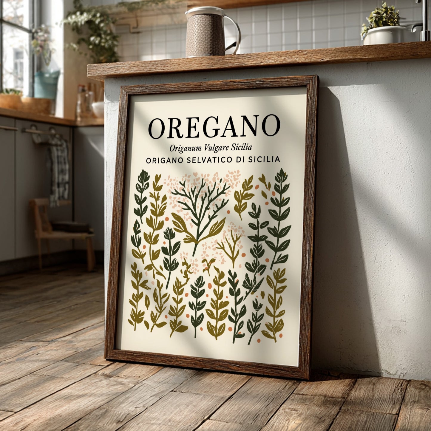 Oregano kitchen poster featuring botanical illustrations in green and earthy tones, perfect for kitchen decor.