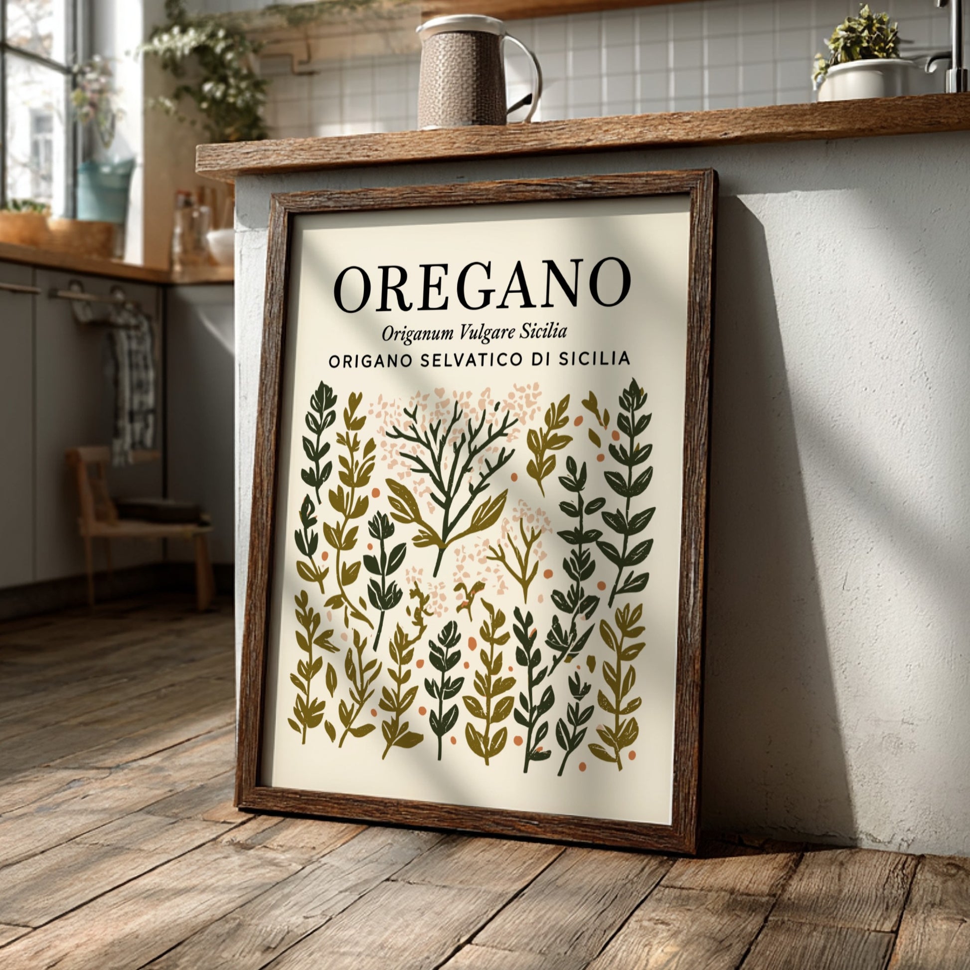 Oregano kitchen poster featuring botanical illustrations in green and earthy tones, perfect for kitchen decor.