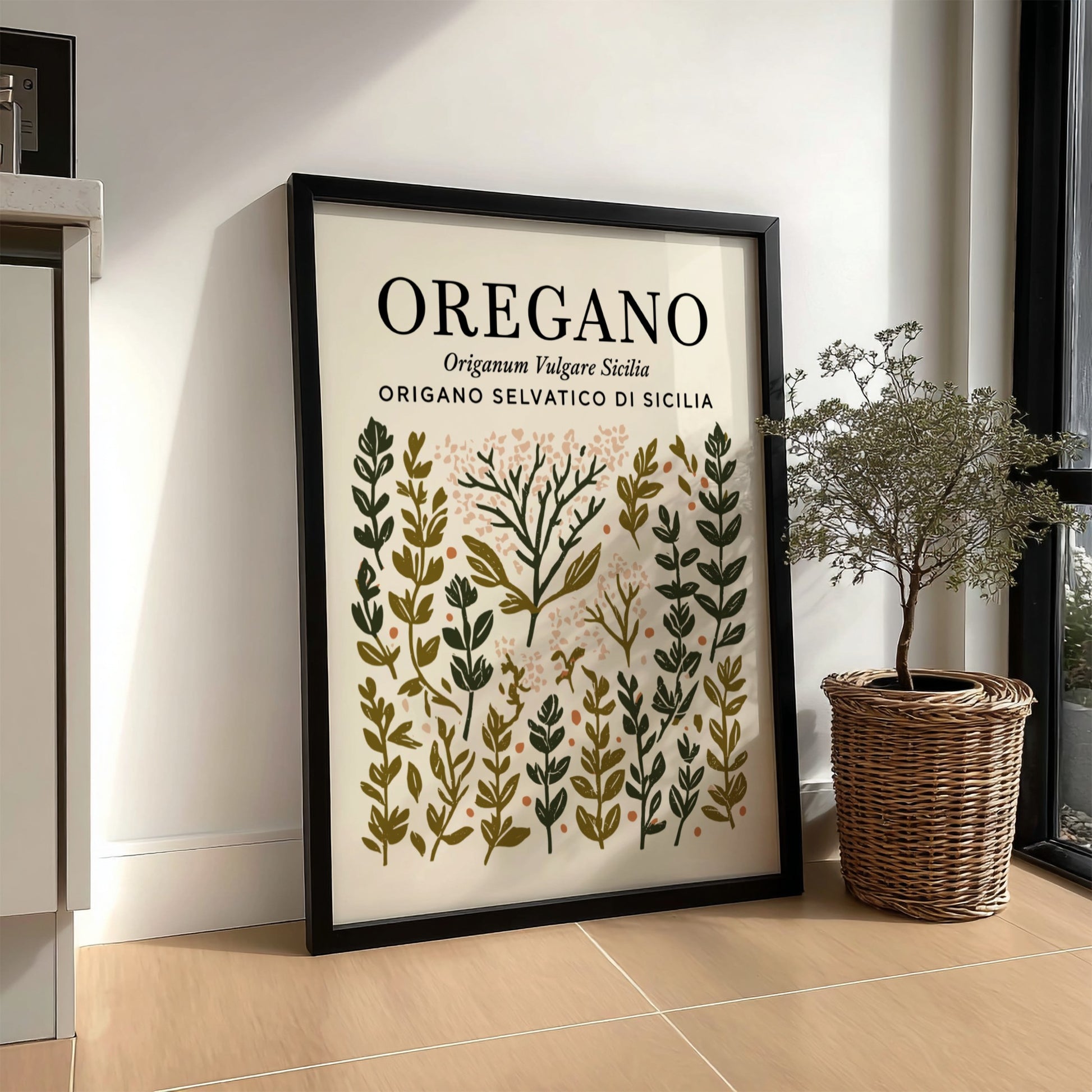 Oregano kitchen poster featuring botanical illustrations in green and earthy tones, perfect for kitchen decor.