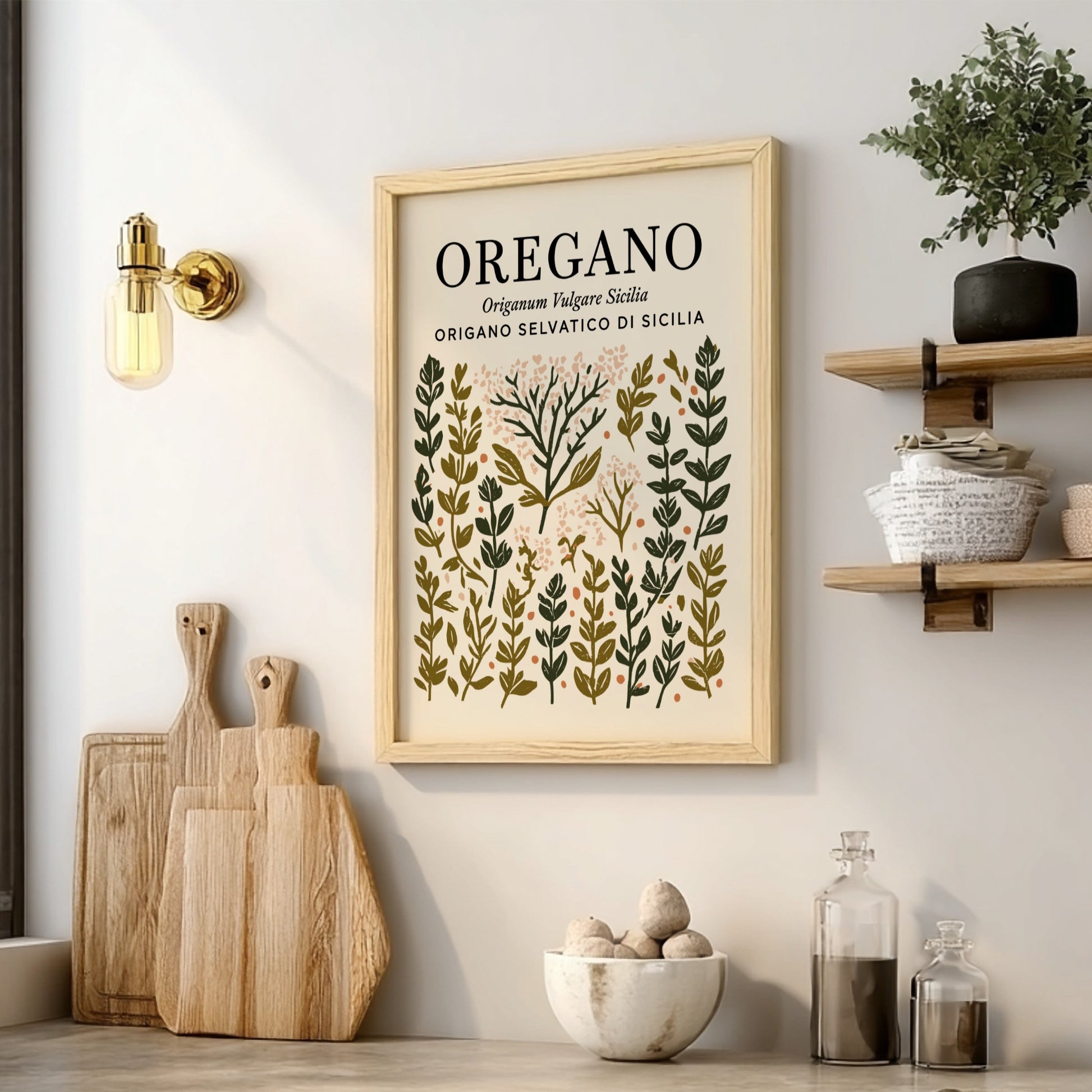 Oregano kitchen poster featuring botanical illustrations in green and earthy tones, perfect for kitchen decor.