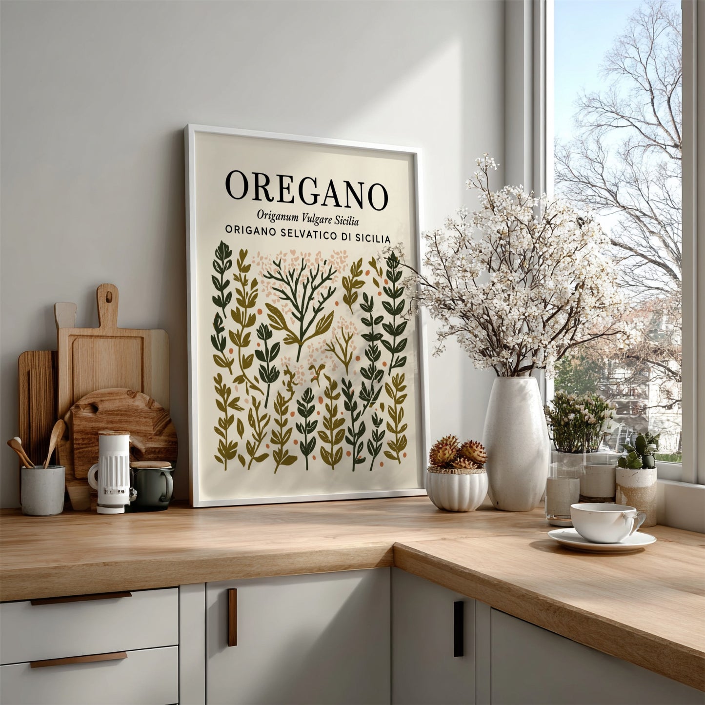 Oregano kitchen poster featuring botanical illustrations in green and earthy tones, perfect for kitchen decor.