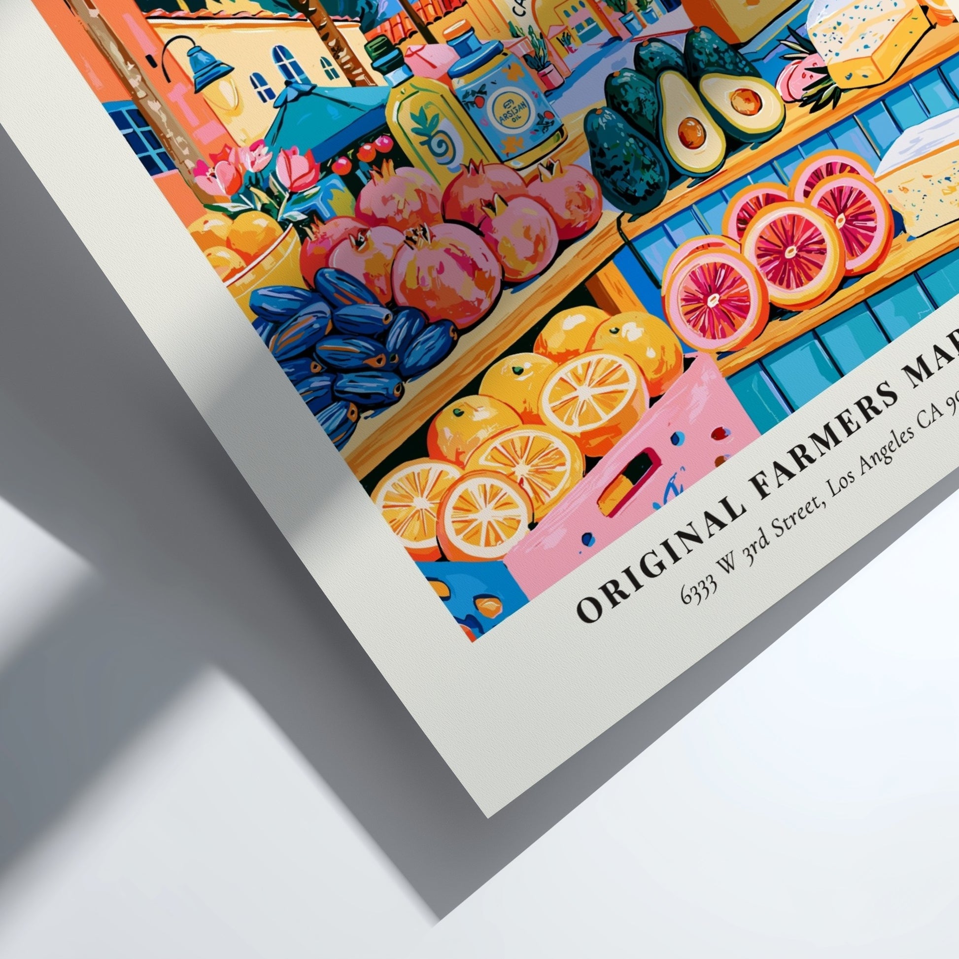 Original Farmers Market poster featuring colorful produce and Los Angeles scenery