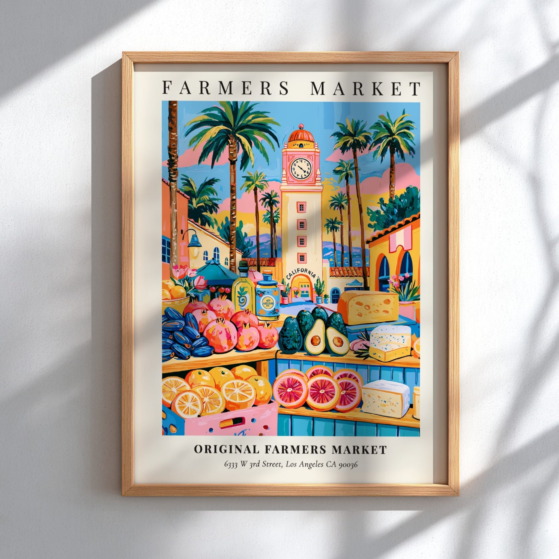 Original Farmers Market poster featuring colorful produce and Los Angeles scenery