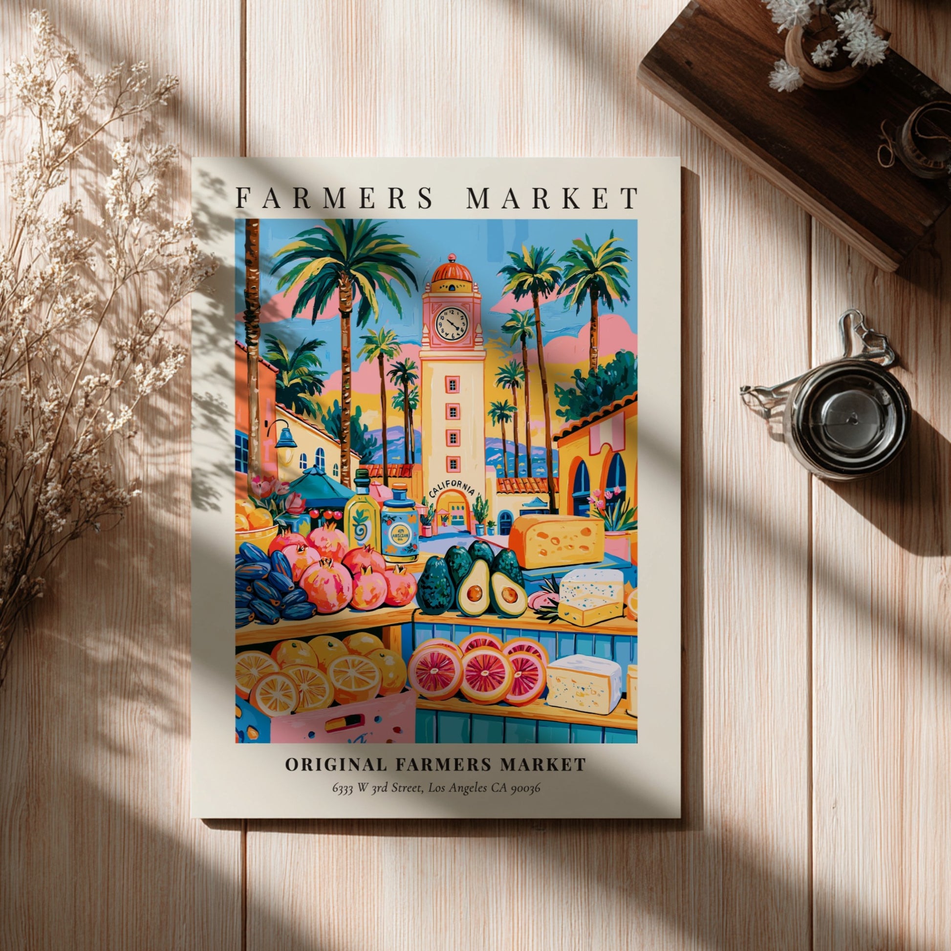 Original Farmers Market poster featuring colorful produce and Los Angeles scenery