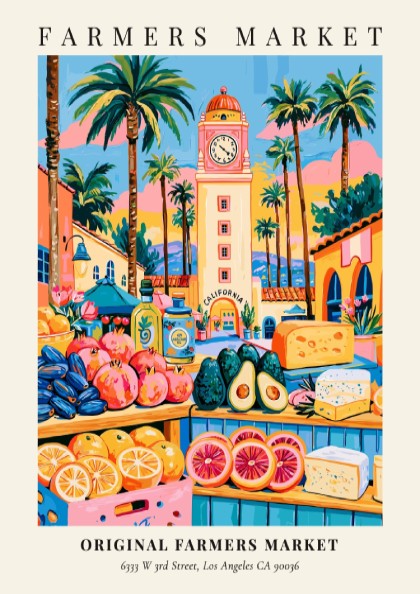 Original Farmers Market poster featuring colorful produce and Los Angeles scenery