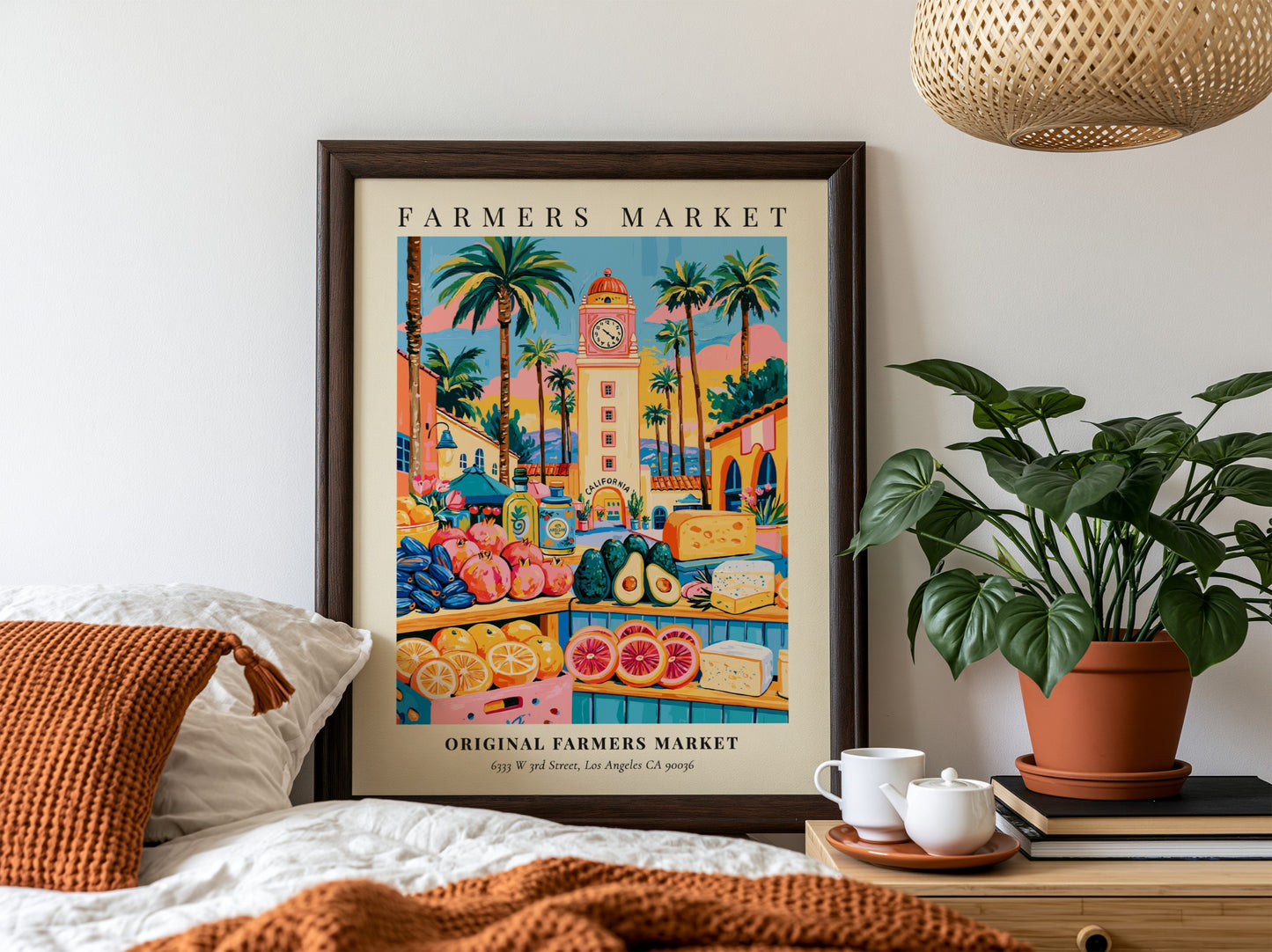 Original Farmers Market poster featuring colorful produce and Los Angeles scenery