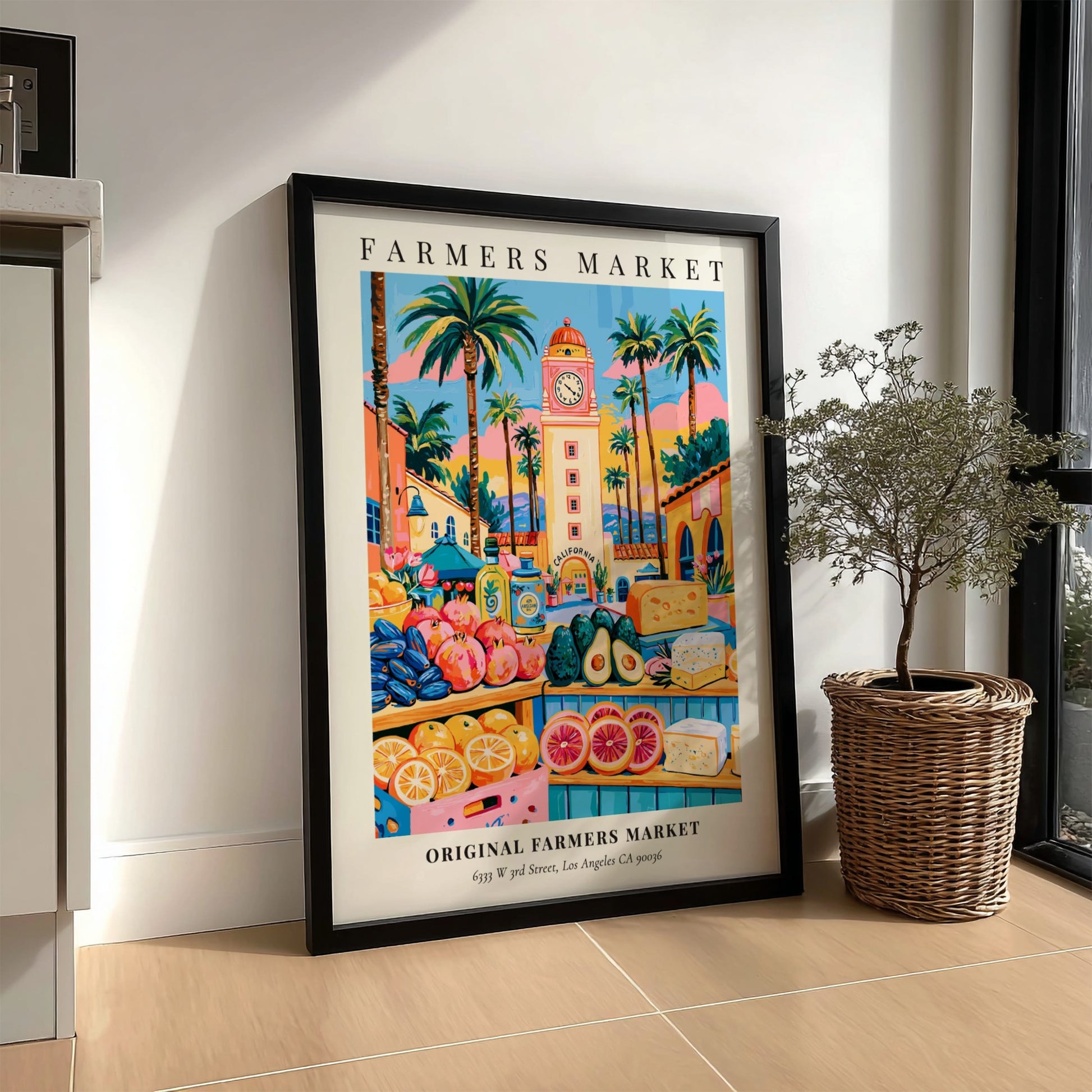 Original Farmers Market poster featuring colorful produce and Los Angeles scenery
