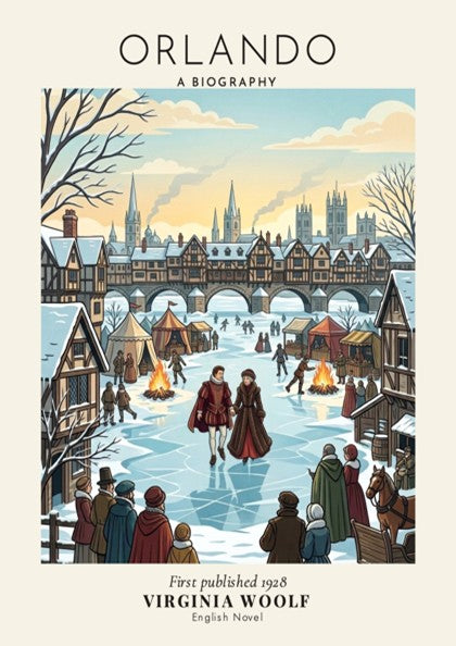 Poster of Orlando by Virginia Woolf showing a couple ice skating at a fair.