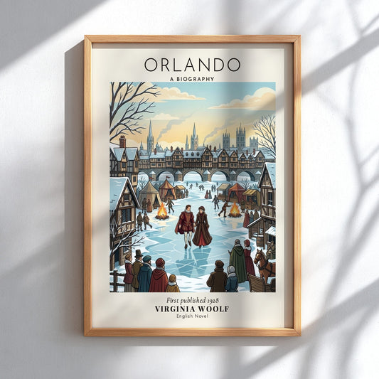Poster of Orlando by Virginia Woolf showing a couple ice skating at a fair.