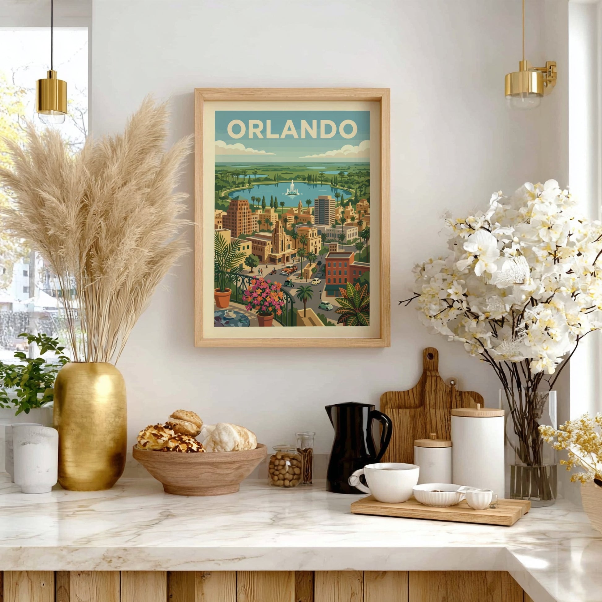 Retro Orlando cityscape poster with a lake, fountain, and mid-century buildings in a warm color palette.