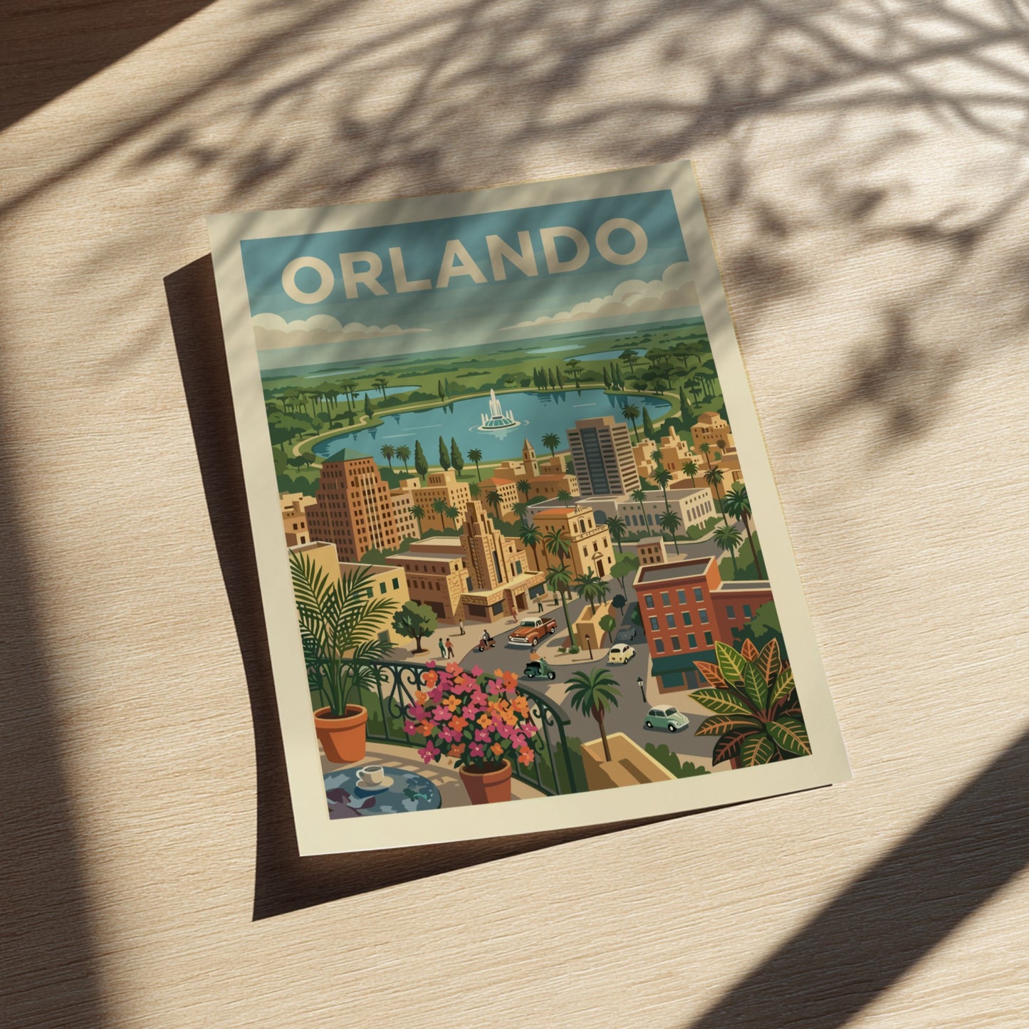 Retro Orlando cityscape poster with a lake, fountain, and mid-century buildings in a warm color palette.