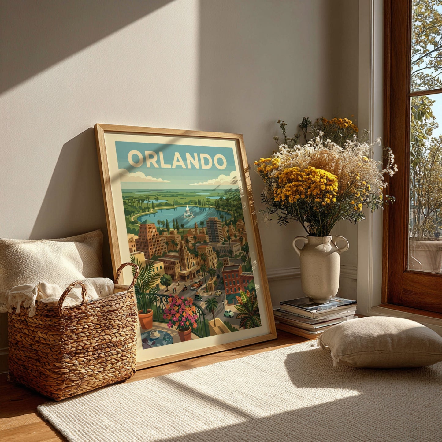 Retro Orlando cityscape poster with a lake, fountain, and mid-century buildings in a warm color palette.