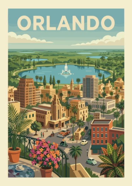 Retro Orlando cityscape poster with a lake, fountain, and mid-century buildings in a warm color palette.