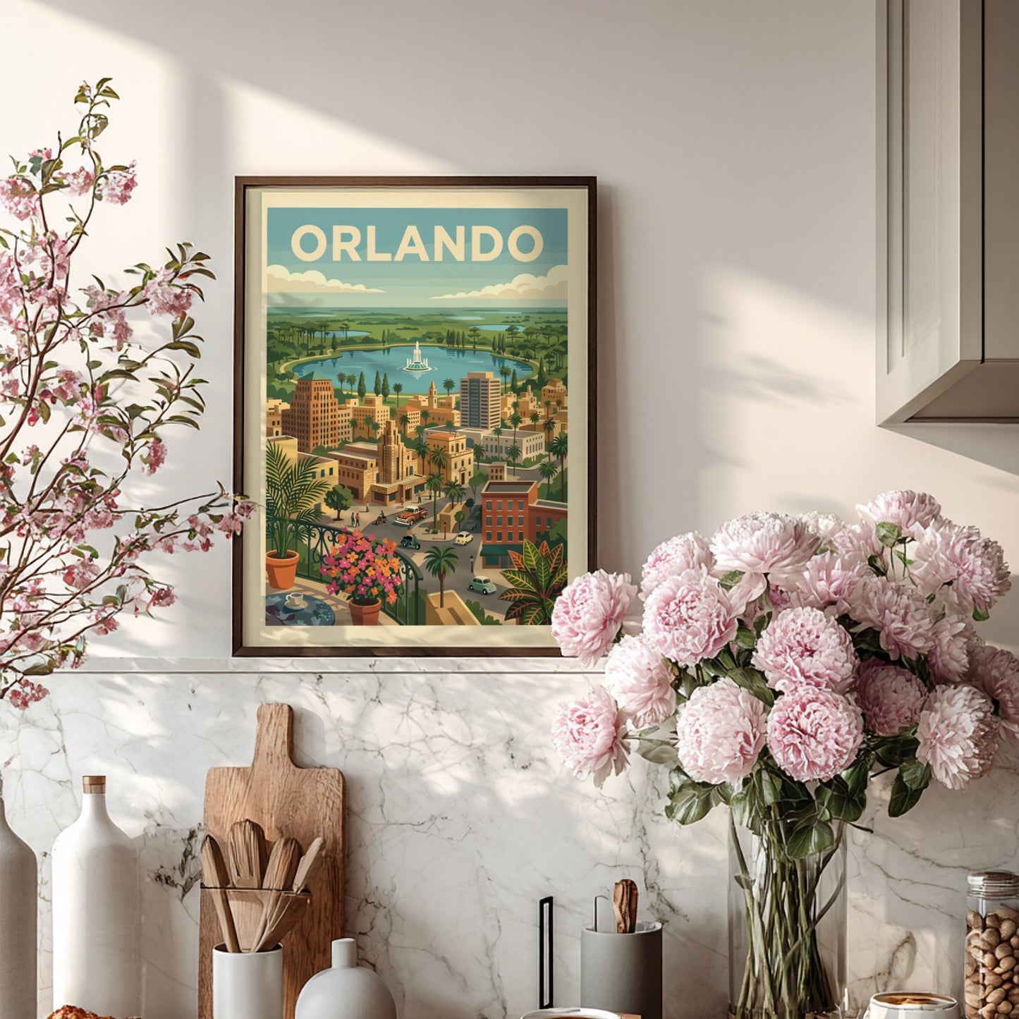 Retro Orlando cityscape poster with a lake, fountain, and mid-century buildings in a warm color palette.