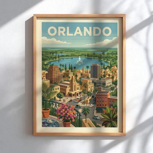 Retro Orlando cityscape poster with a lake, fountain, and mid-century buildings in a warm color palette.