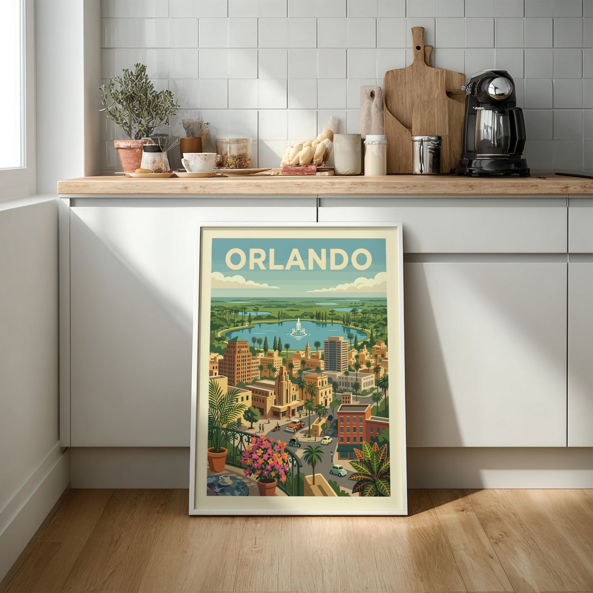 Retro Orlando cityscape poster with a lake, fountain, and mid-century buildings in a warm color palette.