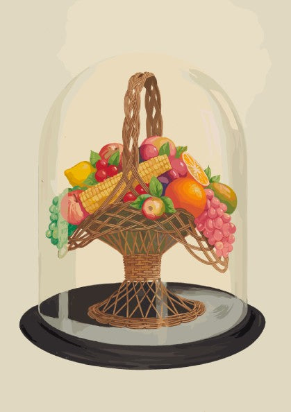 Famous Art Poster of "Ornament, Wax Fruit under Glass Globe" still life with vintage fruit and basket.
