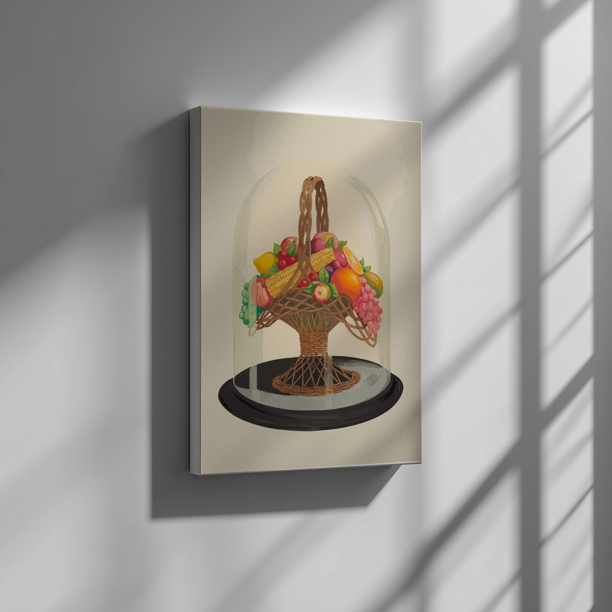 Famous Art Poster of "Ornament, Wax Fruit under Glass Globe" still life with vintage fruit and basket.